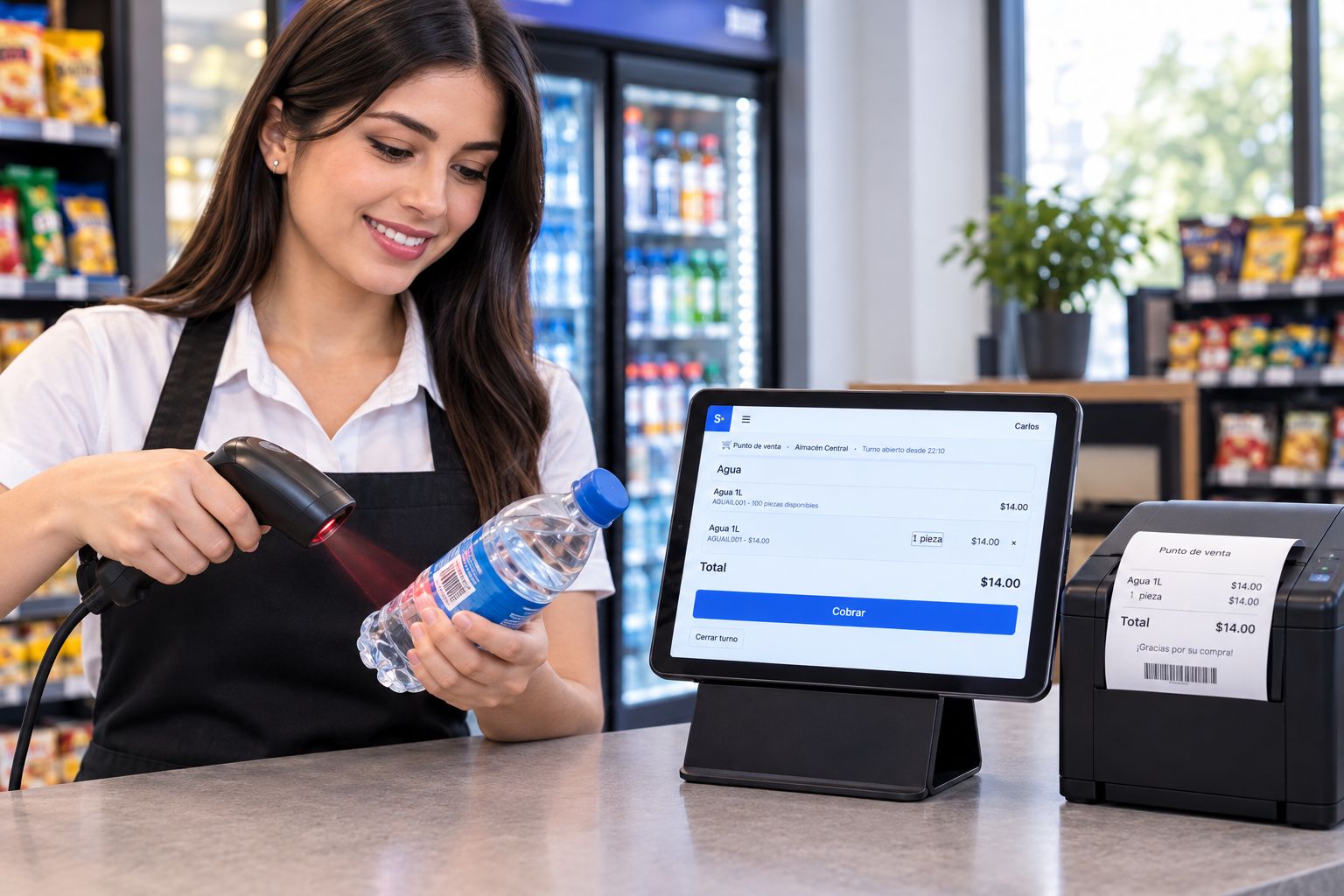 Una cajera escanea una botella de agua con un lector de códigos; a su lado, una tablet muestra la venta en SellPointy y una impresora entrega el ticket.
